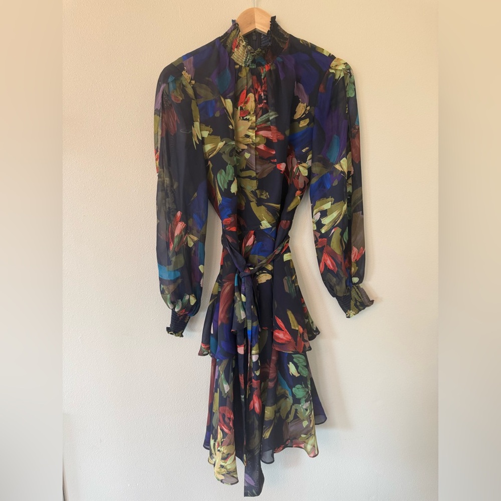Alex Marie Floral Tiered Dress Sheer Sleeve Belted Lined Size 4